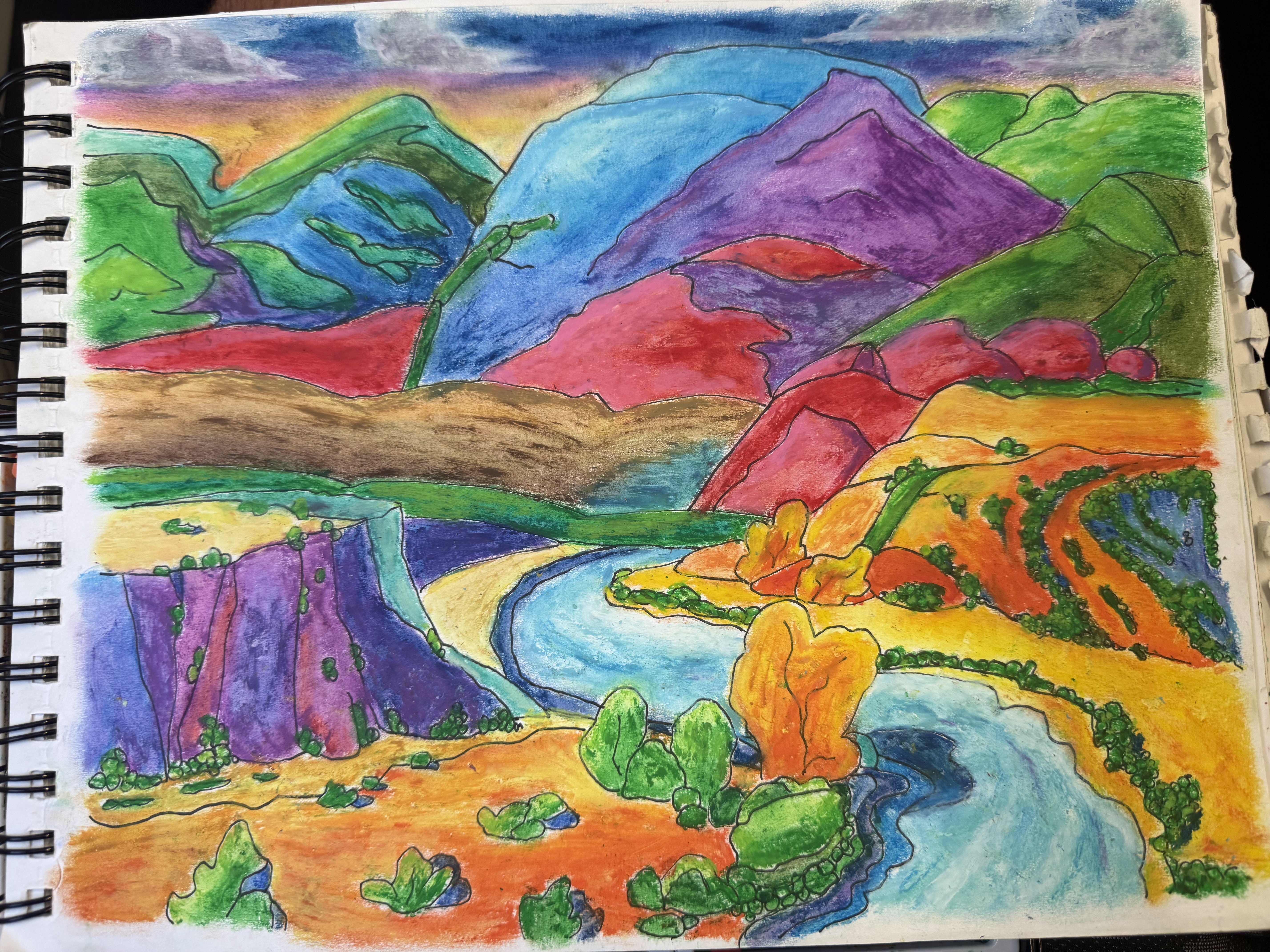 A multicolored pastel drawing of New Mexico landscape with mesas, a river, and mountain ranges